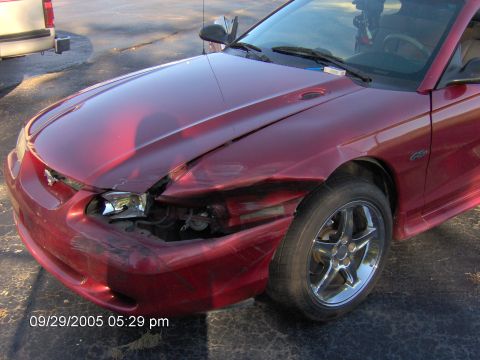 1996 Ford Mustang - This vehicle sustained significant damage to its front end, as seen in this photograph taken in 2005.