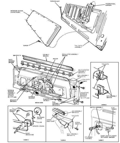 1988 Ford Bronco - Exploded parts breakdown of a tailgate assembly showing window regulator, glass, latches and labeled part numbers.