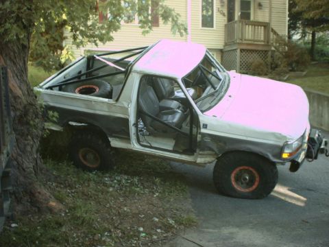 1995 Ford Bronco - Modified Ford Bronco with roll cage and off-road tires is parked on a grassy incline next to a tree.