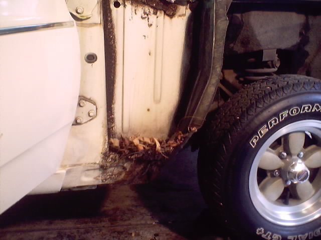 Close-up of a car's door hinge area and a tire with 'PERFORM' visible on the sidewall