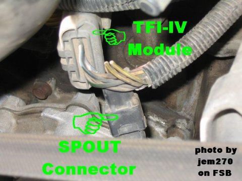 1983 Ford Bronco - DIstributor-mounted TFI-IV ICM module & SPOUT connector on '84-91 trucks. This is a V8, looking straight across the radiator & fan belt at…