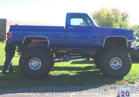 1979 Ford F-150 - A heavily modified blue pickup truck with oversized tires sits on a grassy field.