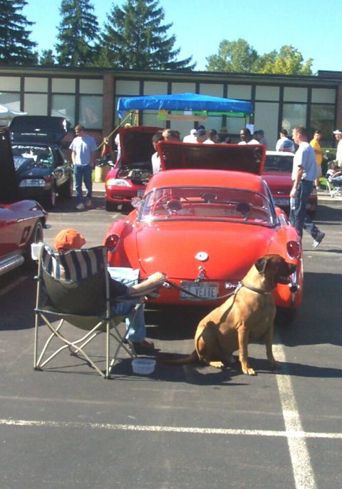 1979 Ford F-150 - A classic red car is parked at an outdoor event, with a dog and people nearby.