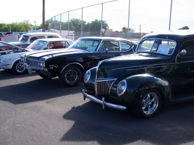 1972 Ford Ranchero - Several classic cars are lined up, including a 1940s Ford coupe and a 1960s Oldsmobile.