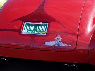 1972 Ford Ranchero - Custom painted red car features a unique graphic and Colorado license plate.