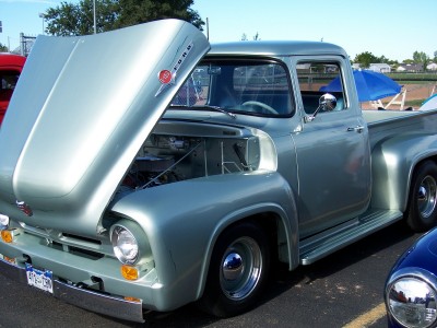 1972 Ford Ranchero - This 1956 Ford F-100 pickup has its hood raised, revealing the engine bay.