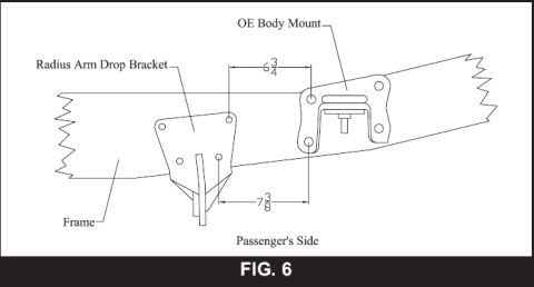 1996 Ford Bronco - Installation schematic (Fig. 6) showing radius arm drop bracket and OE body mount positions on the frame with dimensions.