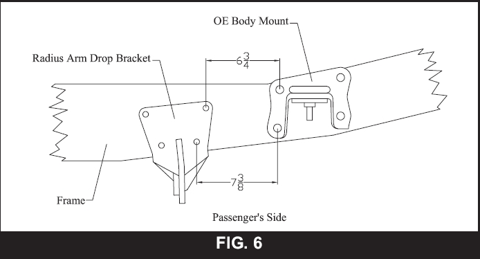 Installation figure showing radius arm drop bracket and OE body mount on frame with dimensions