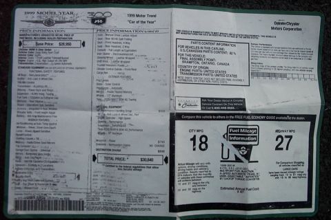 1999 Chrysler 300M - A 1999 Chrysler 300M window sticker details its price, features, and fuel economy information.