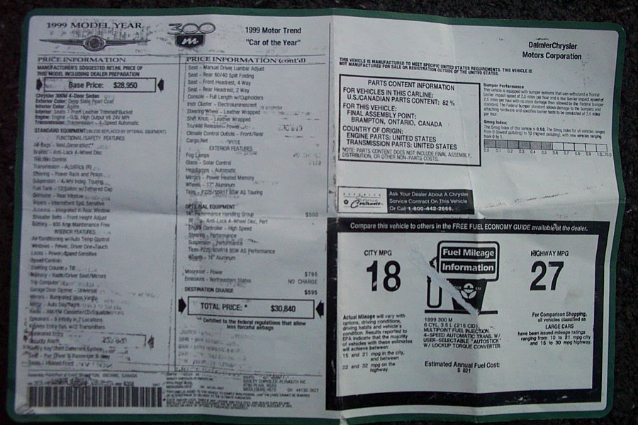 1999 Chrysler 300M window sticker listing price and 18/27 MPG fuel economy