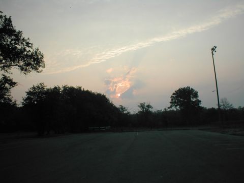 1979 Ford Bronco - An empty parking lot is seen under a cloudy sky as dusk settles, with trees and a light pole visible.