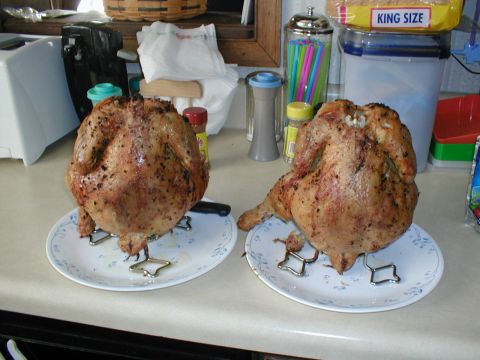 1979 Ford Bronco - Two whole roasted chickens are prepared for a meal, sitting on plates in a kitchen.