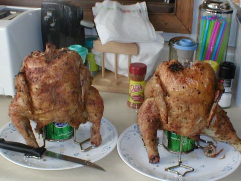 1979 Ford Bronco - Two whole roasted chickens are prepared for a meal, seasoned and ready to be carved.