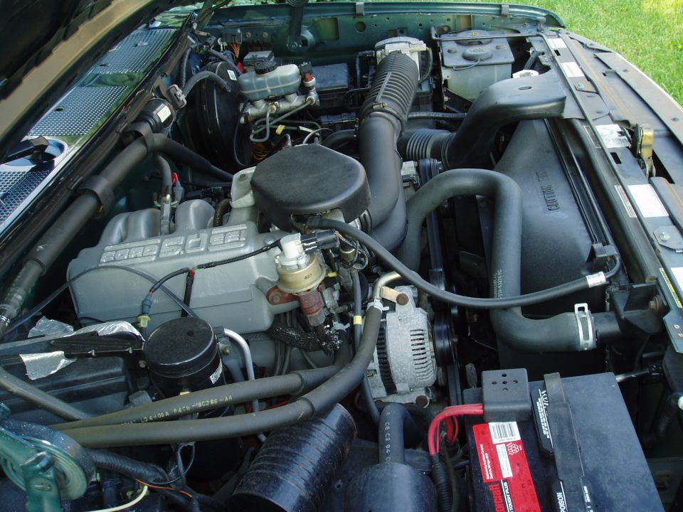 Engine bay showing Ford 5.0 EFI V8 with intake plenum, alternator, hoses, and Motorcraft battery.