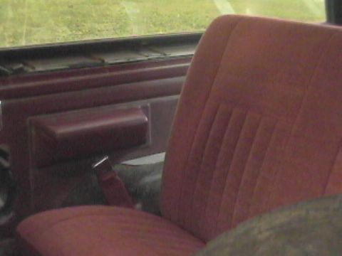1989 Ford Bronco - Interior view of a vehicle showing red velour seating and door panel details.