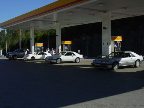 1986 Ford Mustang - Several Ford Mustang Fox Body models are parked under a gas station canopy on a sunny day.