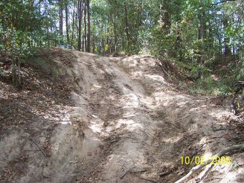 1987 Ford Bronco - A dirt trail winds through a wooded area, showing tire tracks from off-road vehicles.