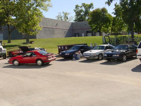 1986 Ford Mustang - A red 1986 Ford Mustang coupe is parked in a lot alongside several other Mustangs during a reunion event.