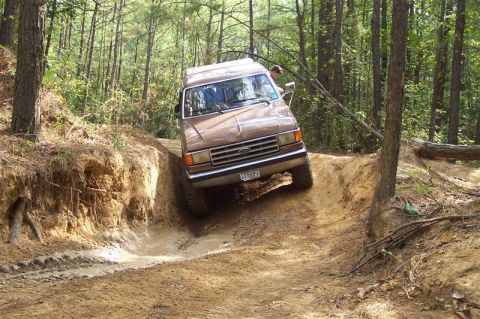 1987 Ford Bronco - Ford Bronco tackling a challenging dirt path in a wooded area.