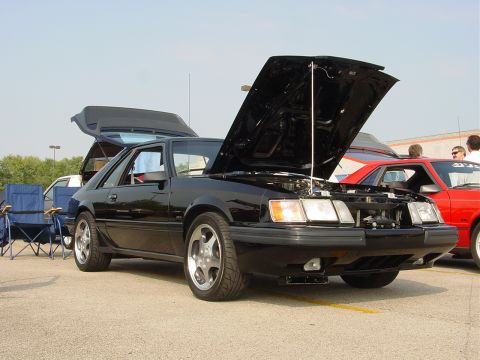 1986 Ford Mustang - Black 1986 Ford Mustang at a car show, hood and trunk open, with another car nearby.