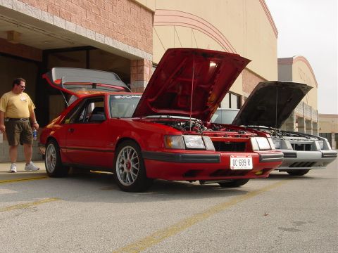 1986 Ford Mustang - Two coupes are parked outside a building with their hoods and trunks open.