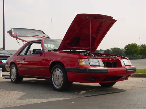 1986 Ford Mustang - Red 1986 Ford Mustang coupe with hood and trunk open at an outdoor event.