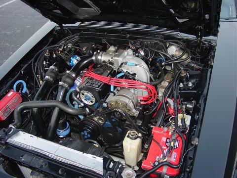 1986 Ford Mustang - The engine bay features a turbocharger and custom modifications, with a prominent red battery and MSD ignition box.