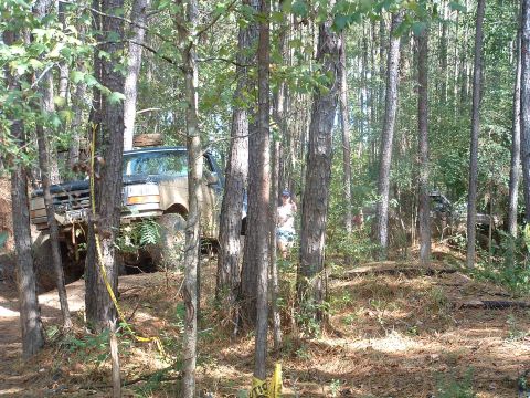 1993 Ford Bronco - Off-road vehicles navigate a wooded trail, with one SUV prominently visible in the foreground.