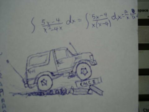 1988 Ford Bronco - A hand-drawn image depicts an SUV on a ramp, accompanied by calculus equations.