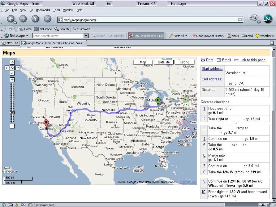 Screenshot of Google Maps showing directions from Westland, MI to Fresno, CA