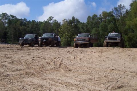 1987 Ford Bronco - Several trucks are parked on a sandy embankment, with a line of trees and a blue sky visible behind them.