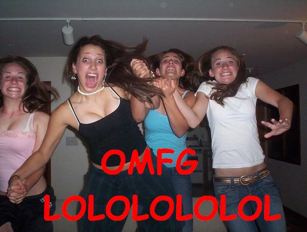 Four women with excited expressions, one in a black tank top, another in a white t-shirt, jumping indoors
