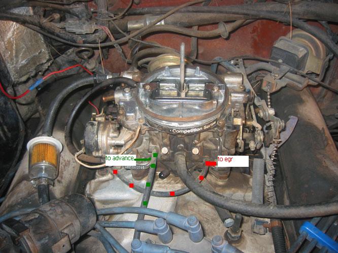 Engine bay showing a carburetor with labels 'to advance' and 'to egr', fuel filter, and spark plug wires