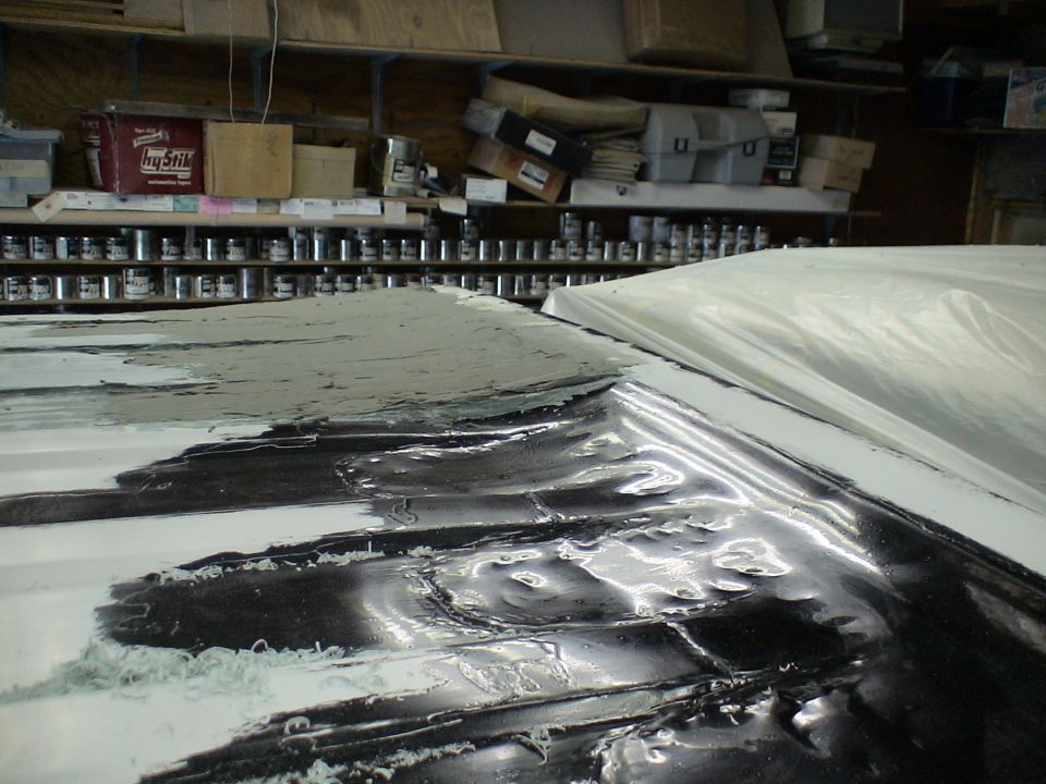 Black and white auto body panel with fresh primer or paint in a workshop