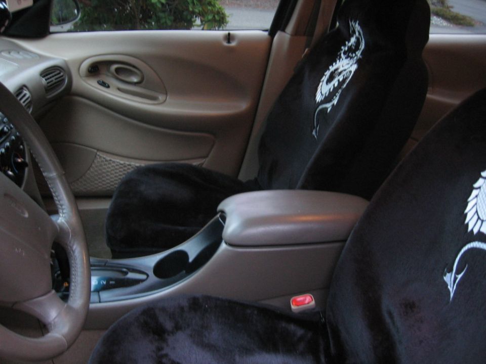 Tan car interior with black dragon-embroidered seat covers on front seats, driver's side view