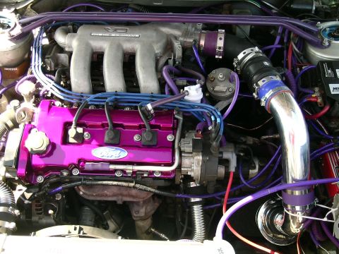 1993 Ford Probe - The engine bay features a custom painted Ford valve cover and numerous purple hoses and wiring.
