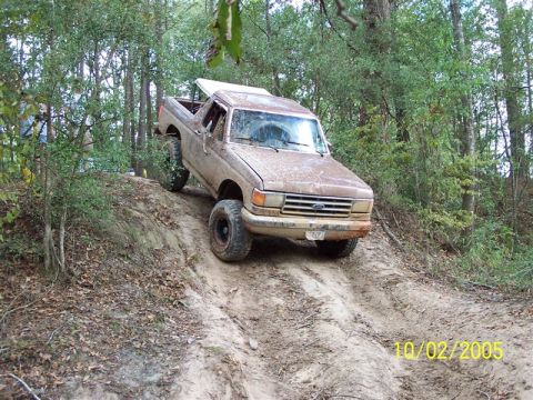 1987 Ford Bronco - This Ford pickup truck is navigating a challenging dirt trail surrounded by dense woods.