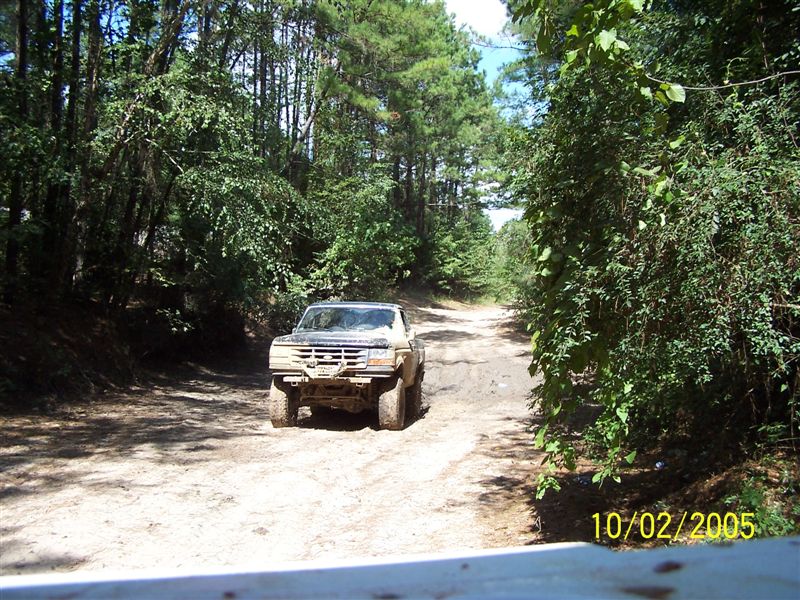 Muddy dirt road through trees, with a truck barely visible in the distance