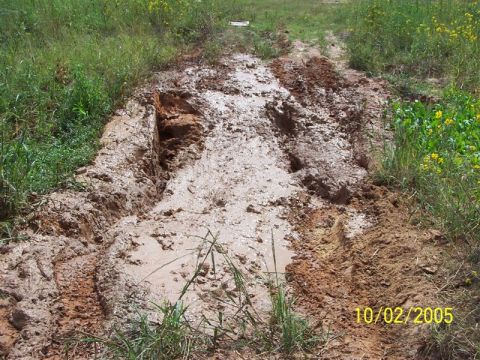 1987 Ford Bronco - A muddy track with deep tire ruts suggests a vehicle struggled to navigate the terrain on October 2, 2005.