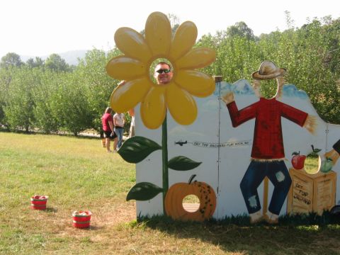 1985 Ford Crown Victoria LTD - A photo opportunity at Sky Top Orchard features a flower cutout with a man's face and a scarecrow cutout.