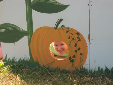 1985 Ford Crown Victoria LTD - A person smiles through a pumpkin cutout at an outdoor event.