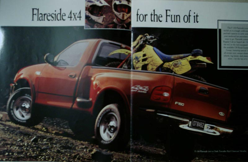 "Flareside 4x4 for the Fun of it" brochure spread with a red F-150 Flareside hauling a dirt bike