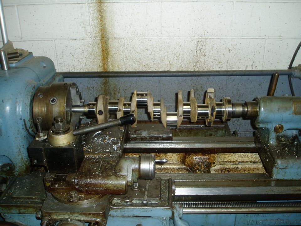 Crankshaft being machined on a metal lathe