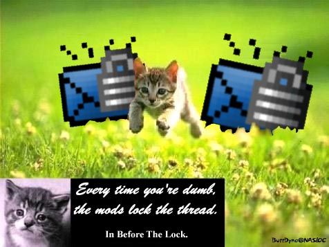 1968 Ford Mustang - A kitten leaps through a grassy field, accompanied by pixelated icons and a humorous message about forum moderation.