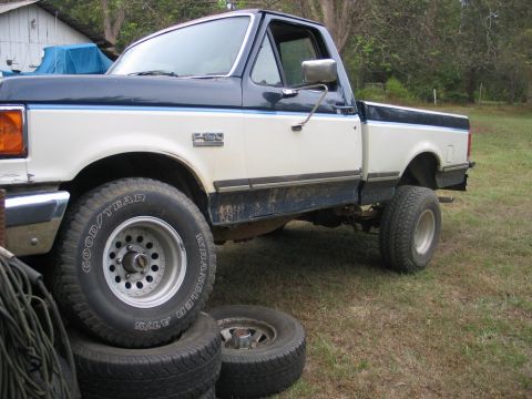 1989 Ford F-150 - This 1989 Ford F-150 pickup truck features a two-tone white and blue paint scheme and is parked on grassy terrain.