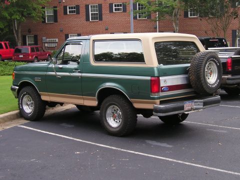 1989 Ford Bronco - This 1989 Ford Bronco features a two-tone green and tan paint scheme with a spare tire mounted on the rear tailgate.
