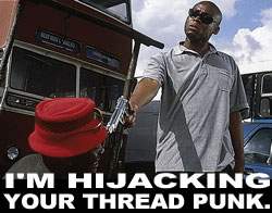 1968 Ford Mustang - A man with a gun confronts another person in front of a bus, with text overlay stating 'I'M HIJACKING YOUR THREAD PUNK.'