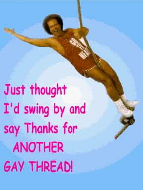 1991 Ford Bronco - Man on a trapeze, text overlay reads 'Just thought I'd swing by and say Thanks for ANOTHER GAY THREAD!'