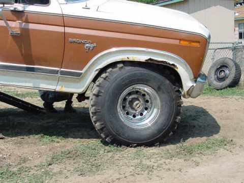 1981 Ford Bronco - Close-up of a 1981 Ford Bronco's front wheel and fender, showing its two-tone paint scheme.