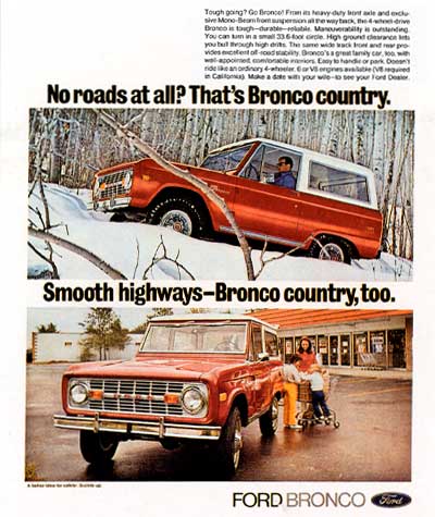 1988 Ford Bronco - Two Ford Broncos are shown in this advertisement, one off-road and one in a parking lot.